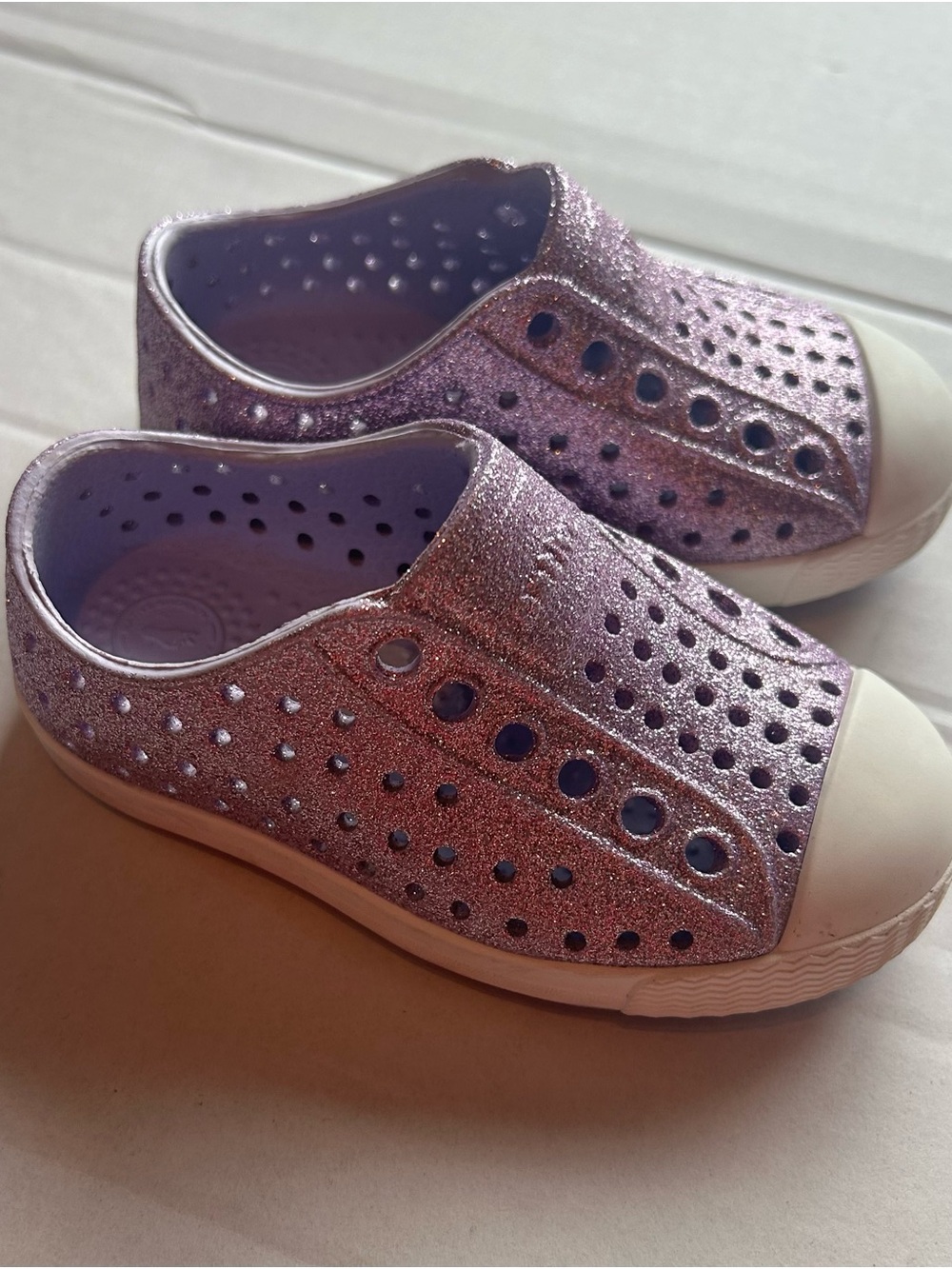 Native Kids Glitter Water Shoes in Purple with White Toe